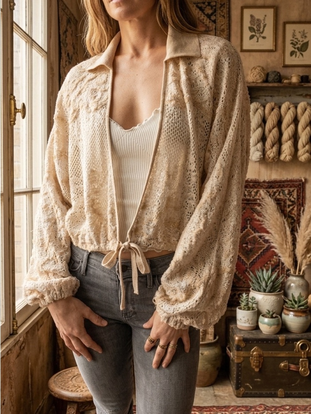 Anthropologie Lightweight Cream Lace Drawstring Cardigan